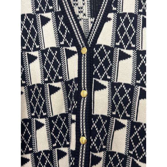 Vintage IZOD Cotton Nautical Flag Knit Cardigan Sweater Navy Cream L 90s Coastal - Picture 6 of 10